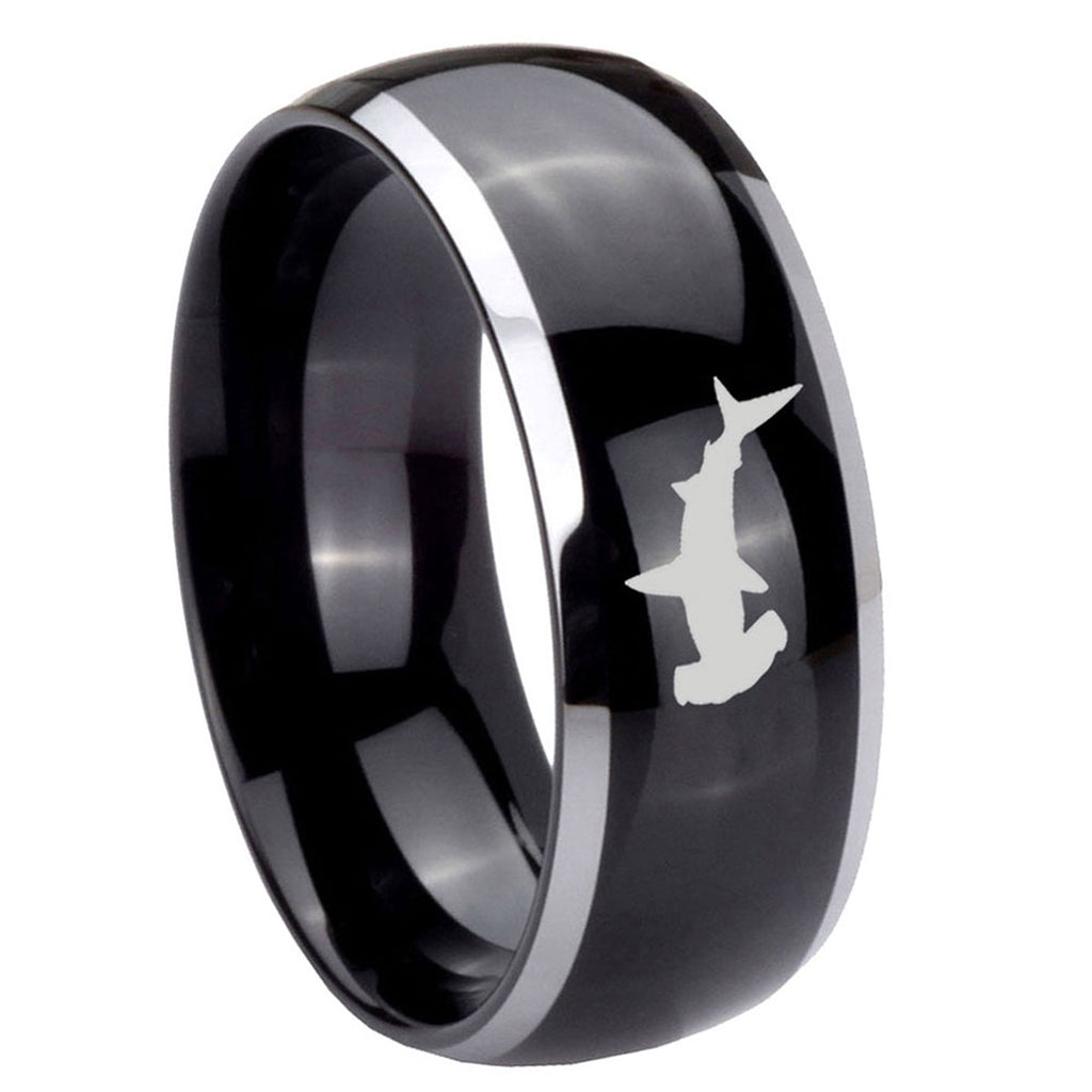 10mm Hammerhead Shark Dome Glossy Black 2 Tone Tungsten Carbide Engraved Ring