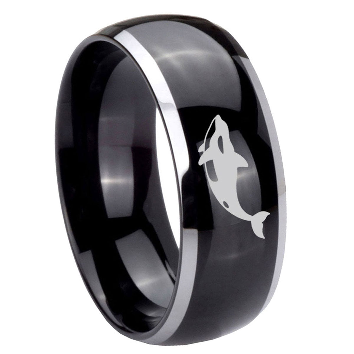 10mm Keller Whale Dome Glossy Black 2 Tone Tungsten Carbide Engraved Ring