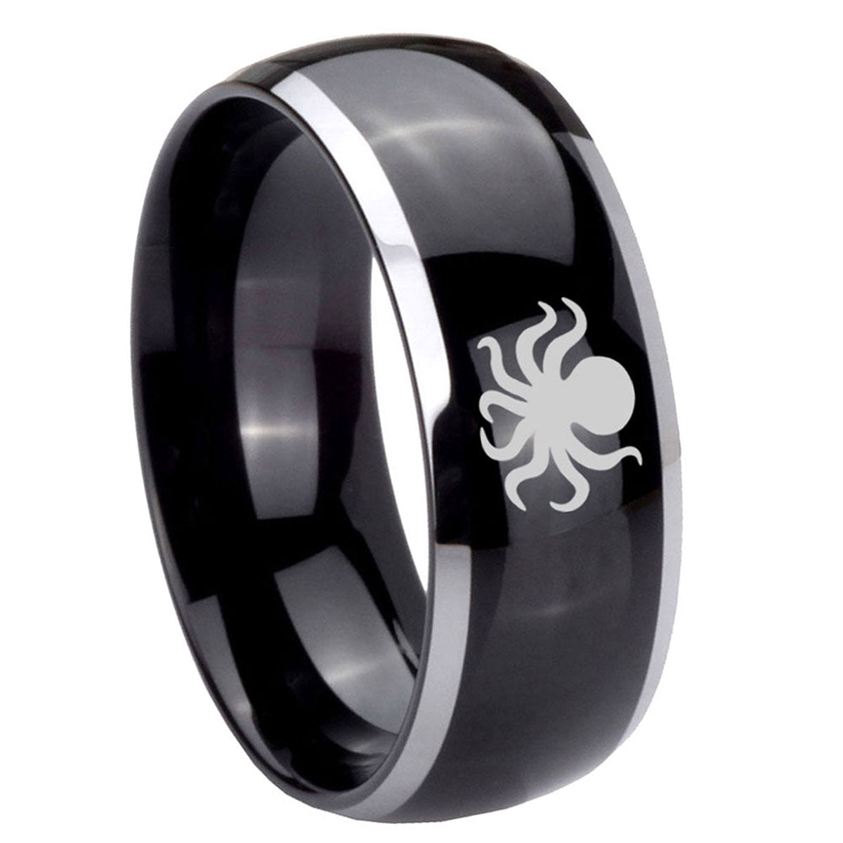 10mm Octopus Dome Glossy Black 2 Tone Tungsten Carbide Engraved Ring