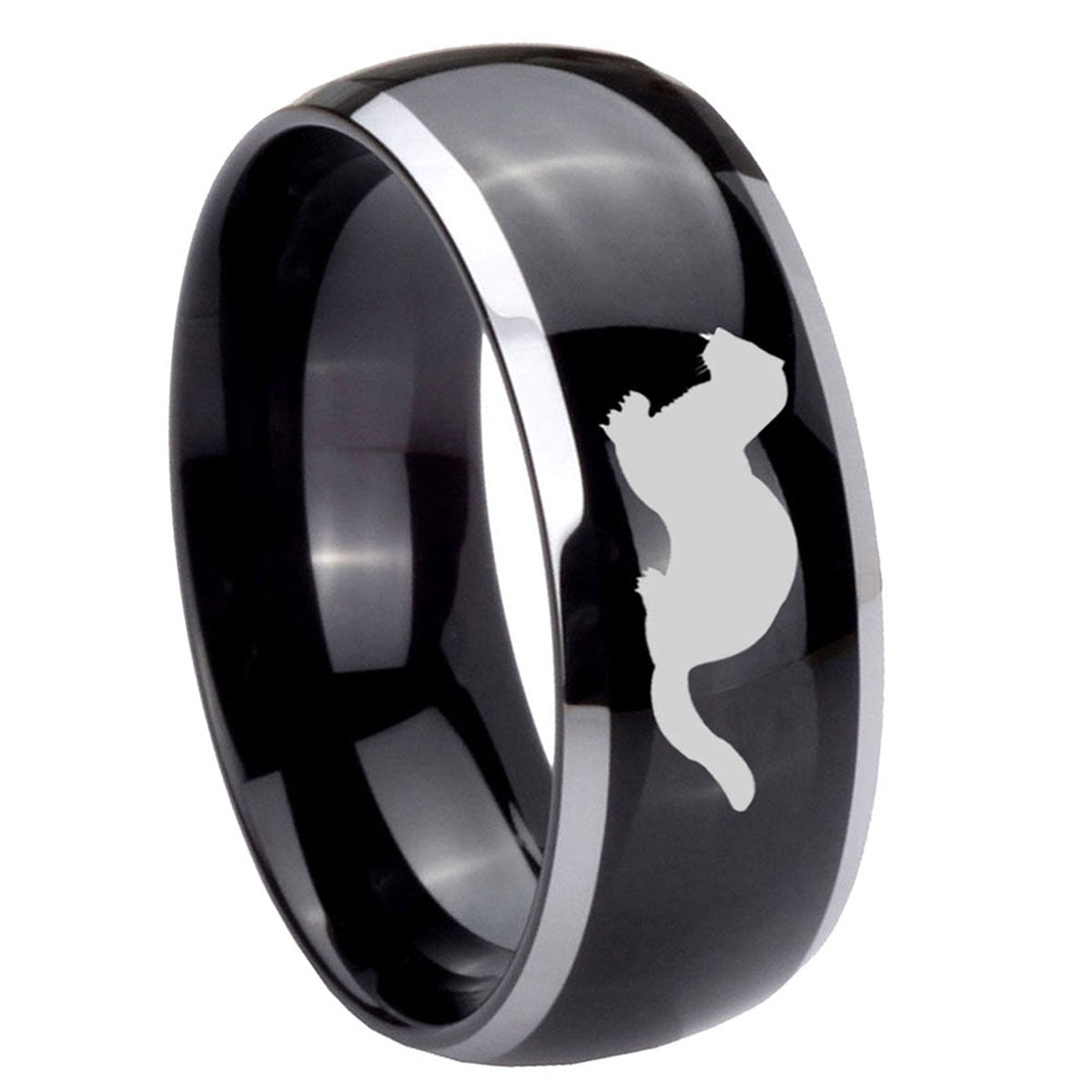 10mm Otter Dome Glossy Black 2 Tone Tungsten Carbide Engraved Ring