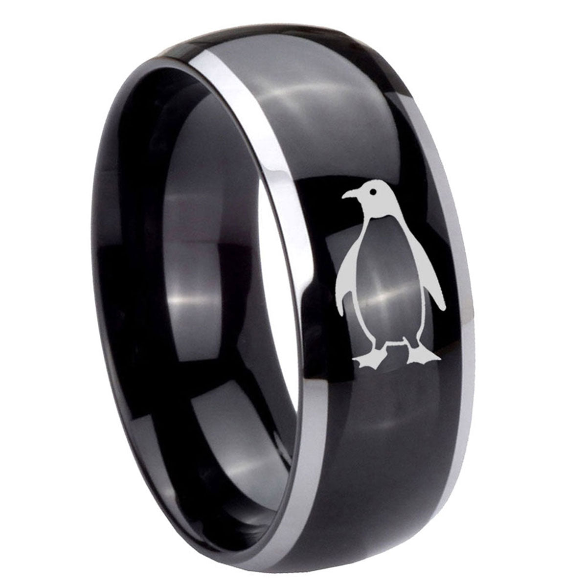 10mm Penguin Dome Glossy Black 2 Tone Tungsten Carbide Engraved Ring