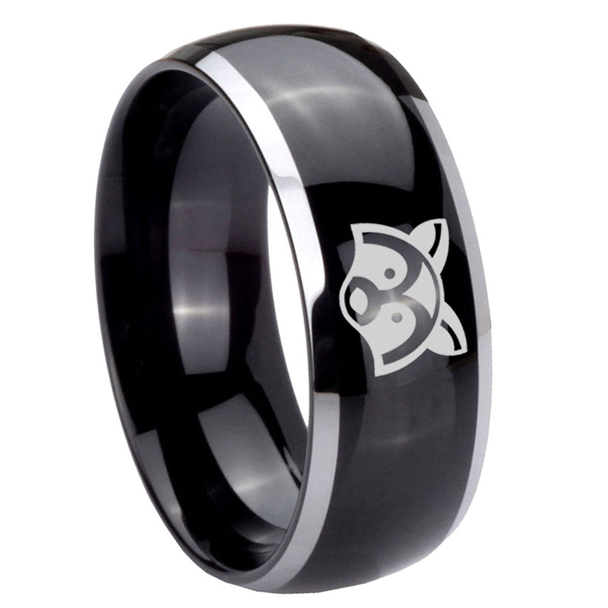 8mm Raccoon Animal Dome Glossy Black 2 Tone Tungsten Ring