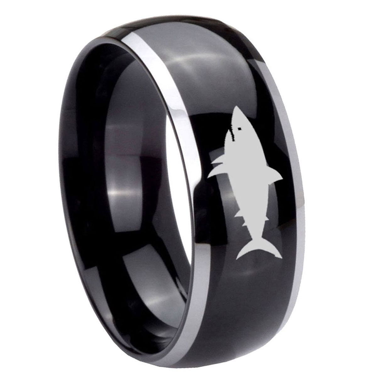 10mm Shark Dome Glossy Black 2 Tone Tungsten Carbide Engraved Ring