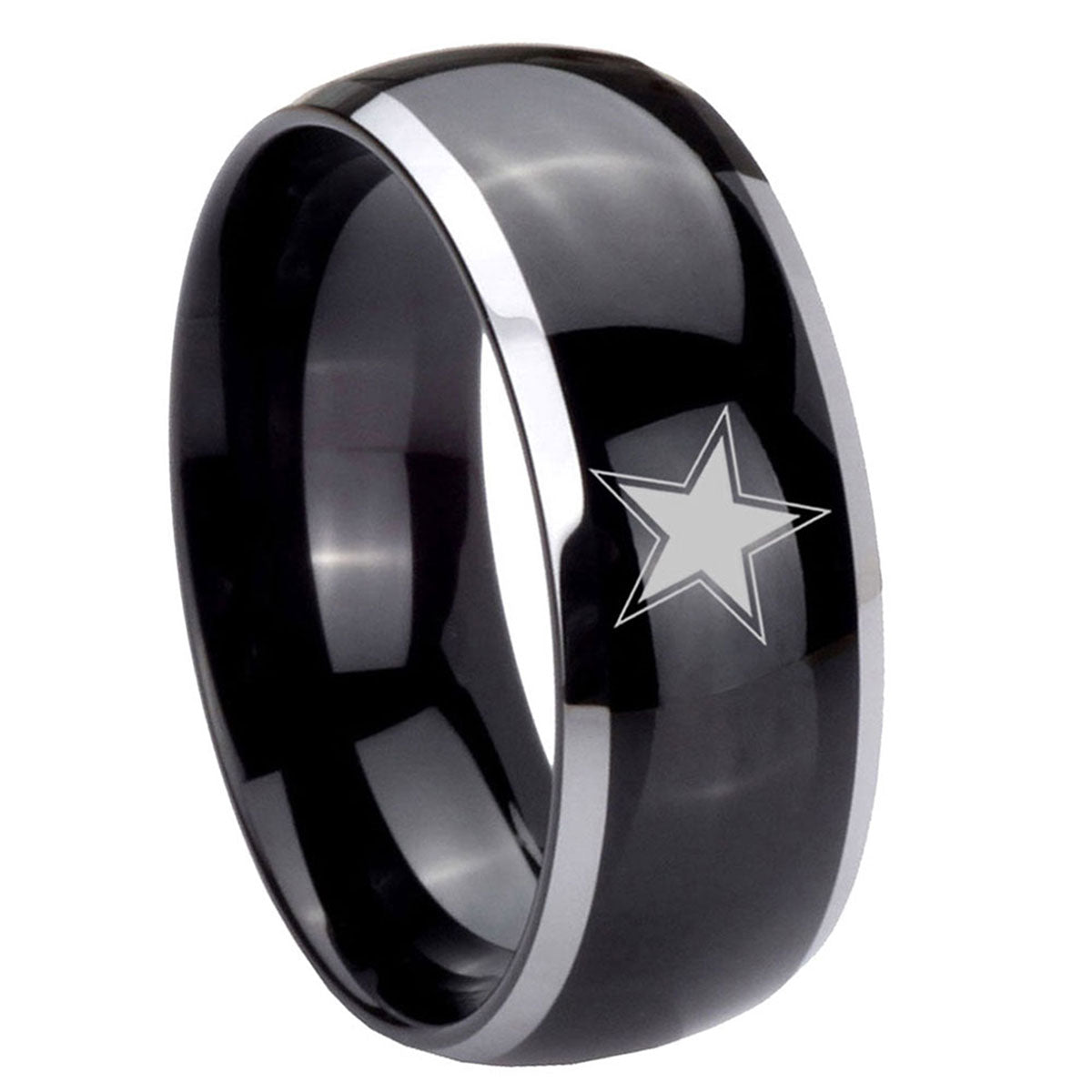 8mm Cowboys Star Dome Glossy Black 2 Tone Tungsten Ring