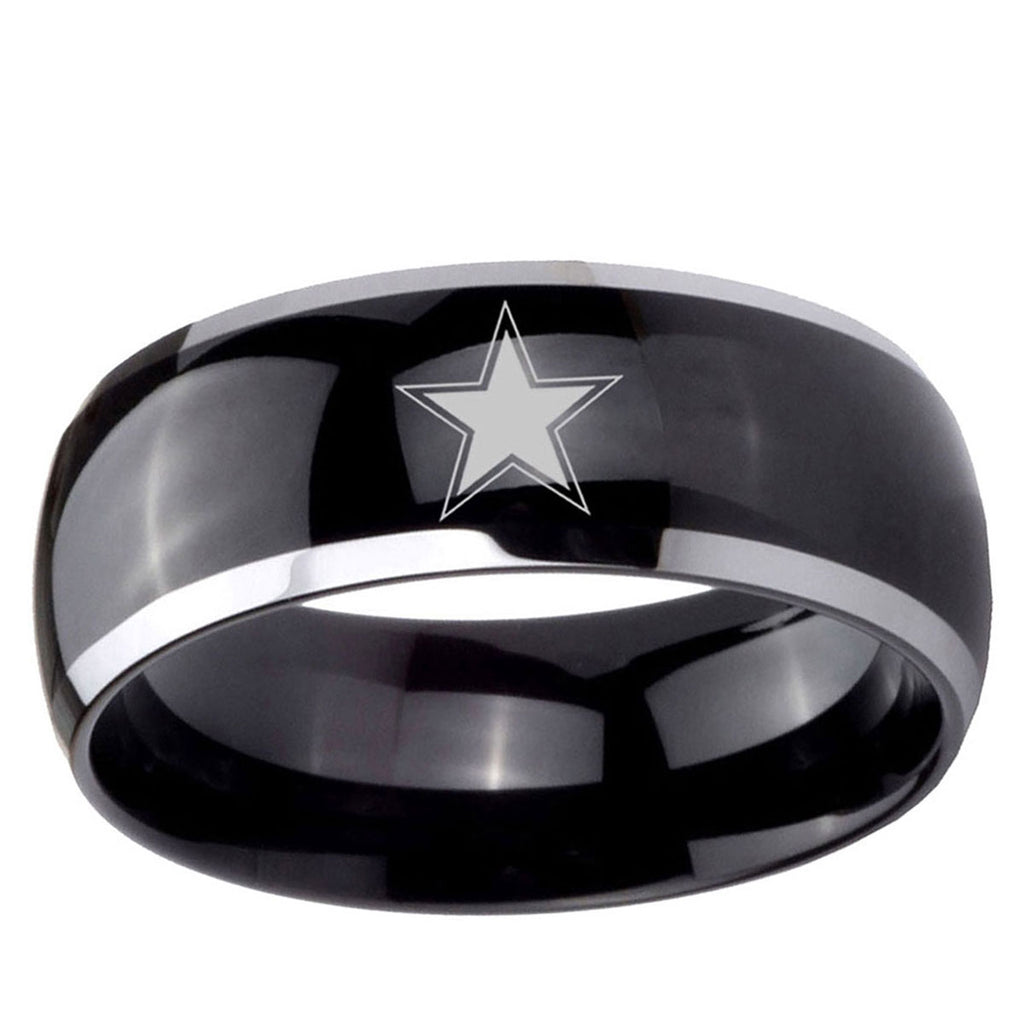 10mm Cowboys Star Dome Glossy Black 2 Tone Tungsten Ring