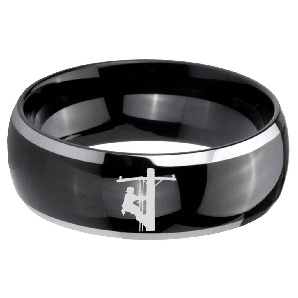 5mm Lineman Symbol Dome Two Tone Black Mens Tungsten Ring
