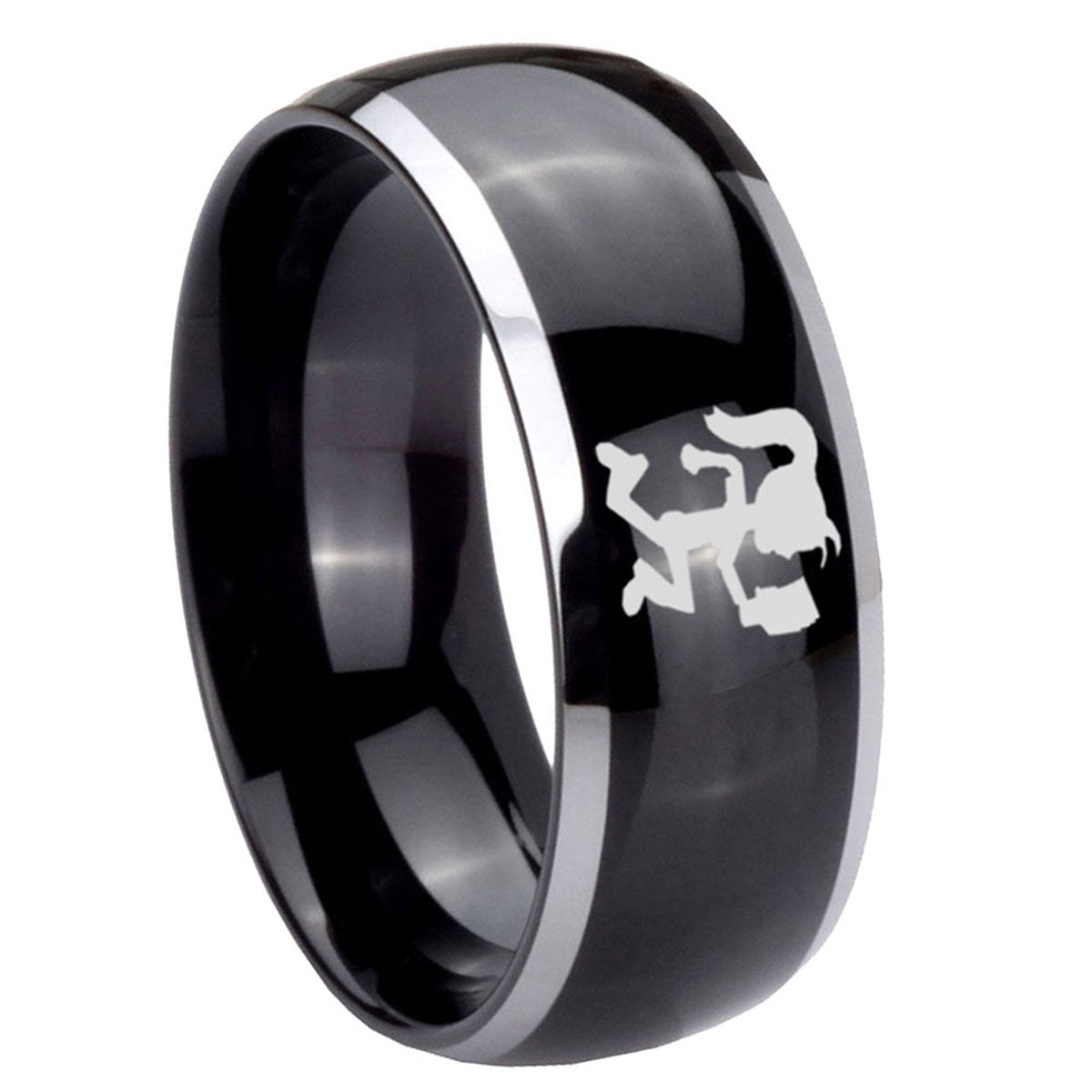 10mm Hatchet Woman Dome Glossy Black 2 Tone Tungsten Carbide Engraved Ring