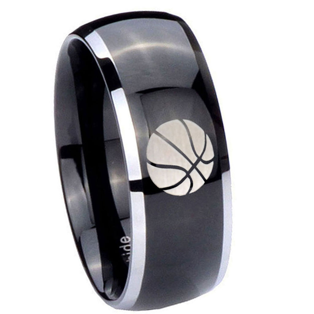 8mm Basketball Dome Glossy Black 2 Tone Tungsten Ring Engraved