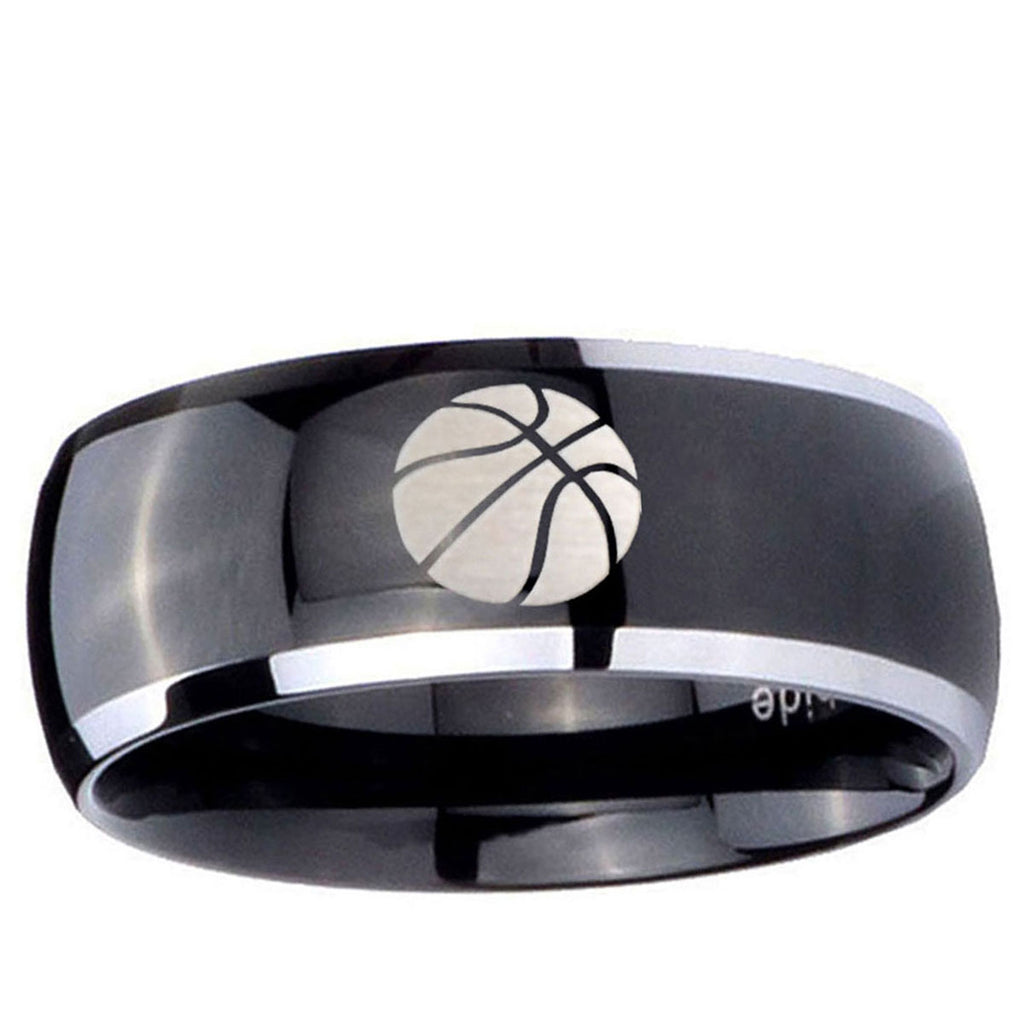 10mm Basketball Dome Glossy Black 2 Tone Tungsten Ring