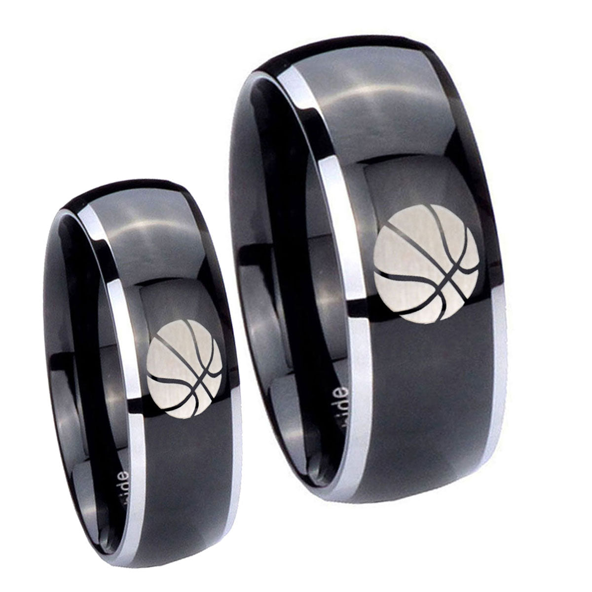 Basketball Dome Glossy Black 2 Tone Tungsten Couple Wedding Bands