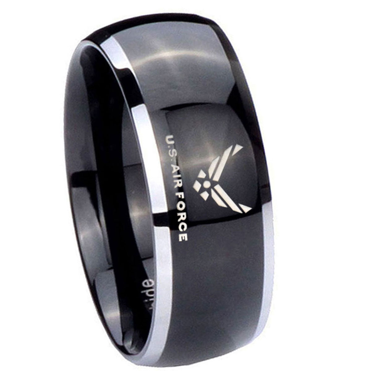 10mm Dome Glossy Black Middle US Air Force Two Tone Tungsten Men's Ring