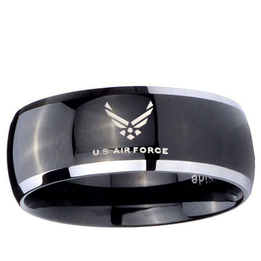 10mm Dome Glossy Black Middle US Air Force Two Tone Tungsten Men's Ring