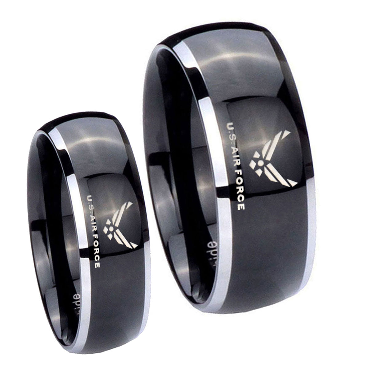 Glossy Black Dome US Air Force 2 Tone Tungsten Wedding Ring Sets