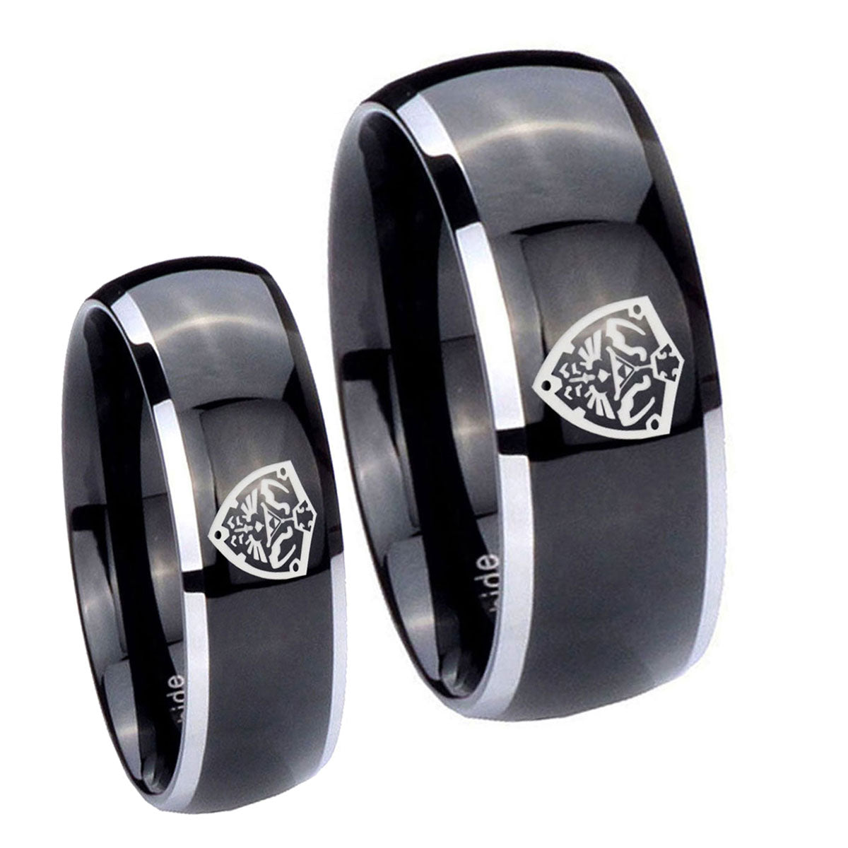 Zelda Hylian Shield Dome Glossy Black 2 Tone Tungsten Mens Ring Set