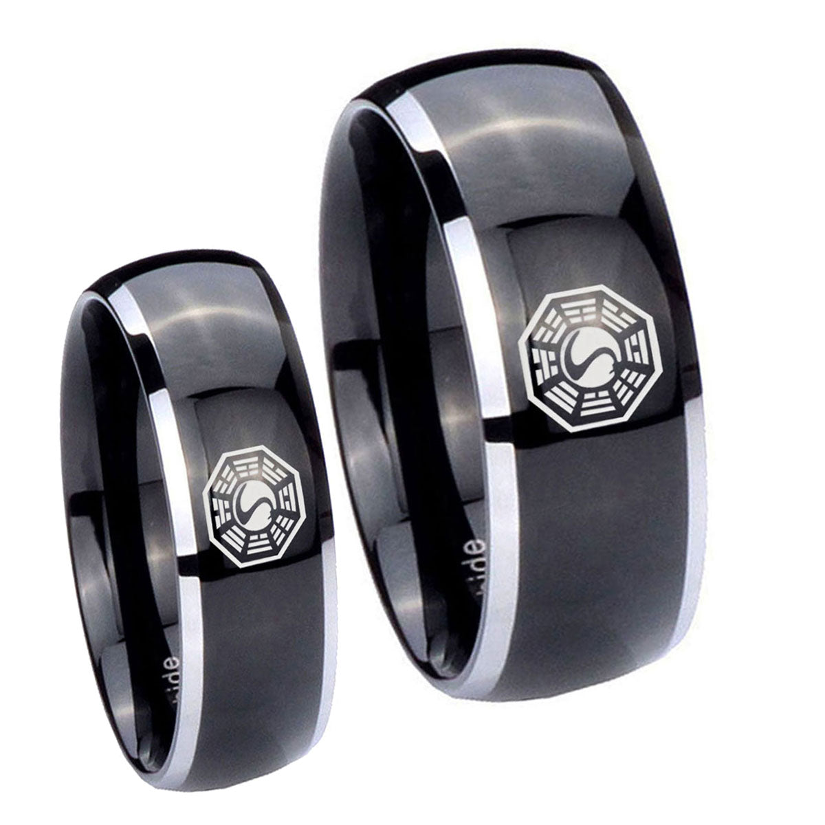 Lost Dharma Dome Glossy Black 2 Tone Tungsten Promise Ring Set