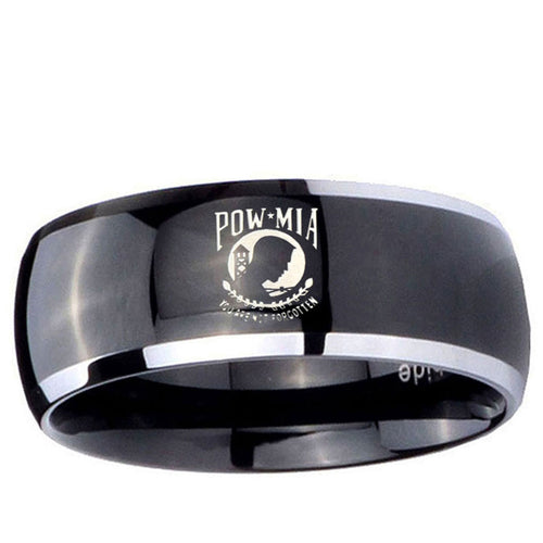 10mm Military Pow Dome Glossy Black 2 Tone Tungsten Ring