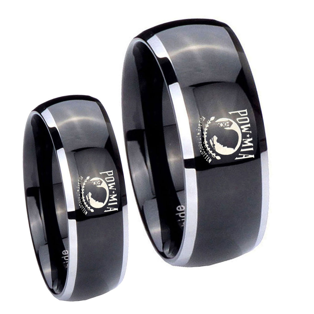 Military Pow Dome Glossy Black 2 Tone Tungsten Wedding Band Set