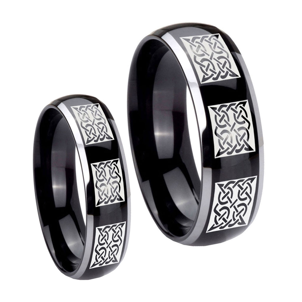 Multiple Celtic Dome Glossy Black 2 Tone Tungsten Couple Wedding Rings