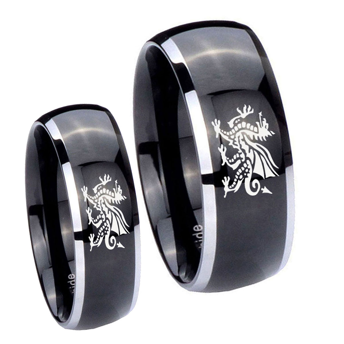 Dragon Dome Glossy Black 2 Tone Tungsten Wedding Ring Set