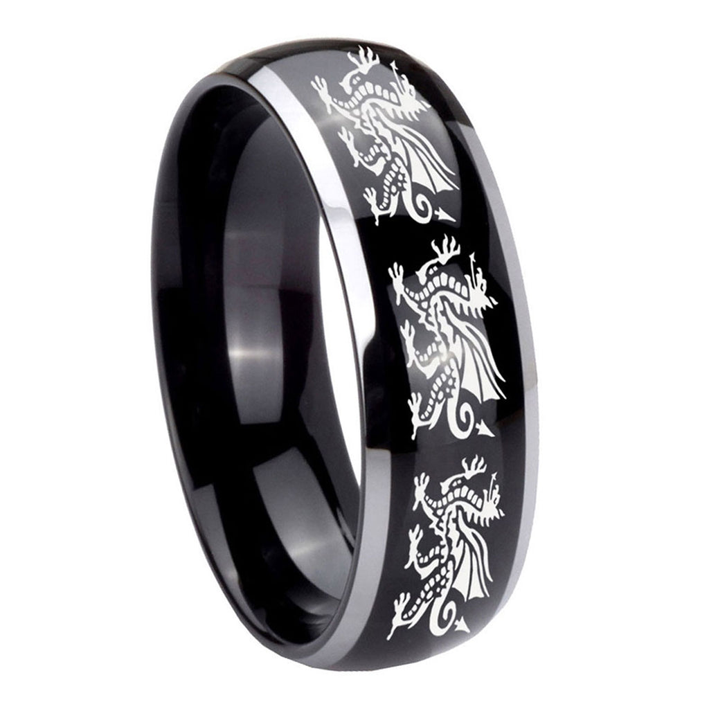 8mm Multiple Dragon Dome Glossy Black 2 Tone Tungsten Ring