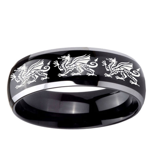 10mm Multiple Dragon Dome Glossy Black 2 Tone Tungsten Ring