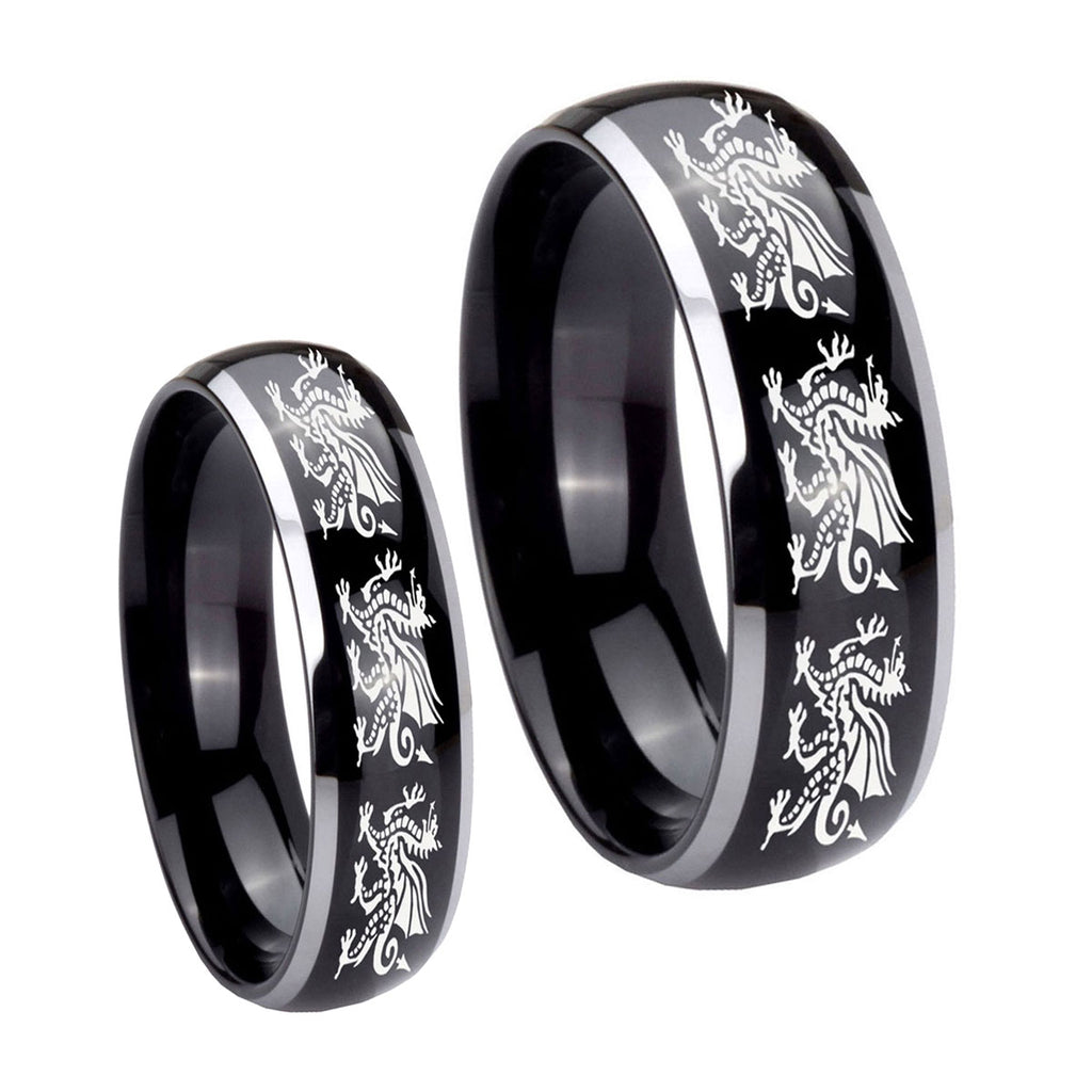 Multiple Dragon Dome Glossy Black 2 Tone Tungsten Mens Band Set