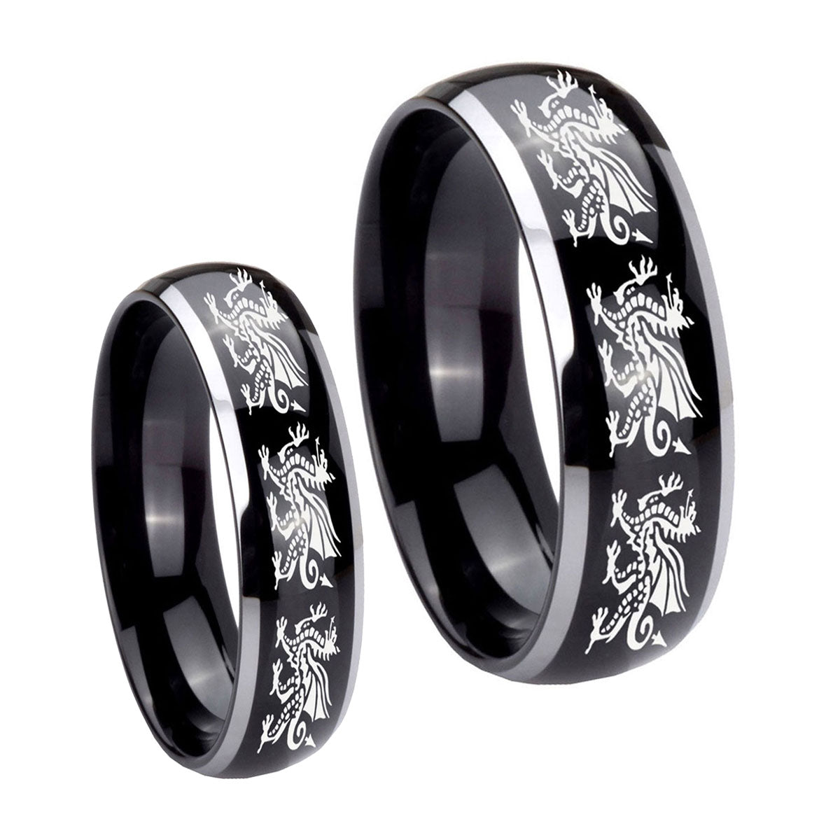 Multiple Dragon Dome Glossy Black 2 Tone Tungsten Mens Band Set