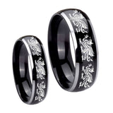 His Hers Multiple Dragon Dome Glossy Black 2 Tone Tungsten Engraving Ring Set