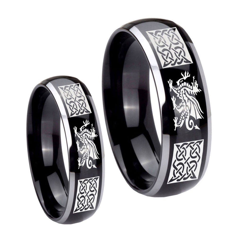 Multiple Dragon Celtic Dome Glossy Black 2 Tone Tungsten Bridal Ring Sets