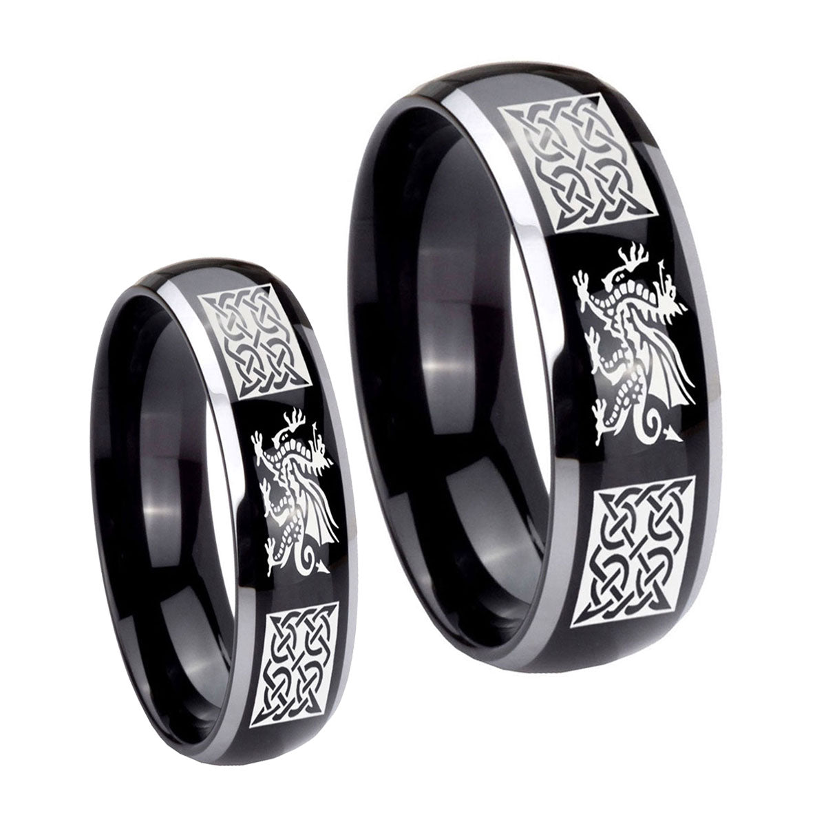 Multiple Dragon Celtic Dome Glossy Black 2 Tone Tungsten Bridal Ring Sets