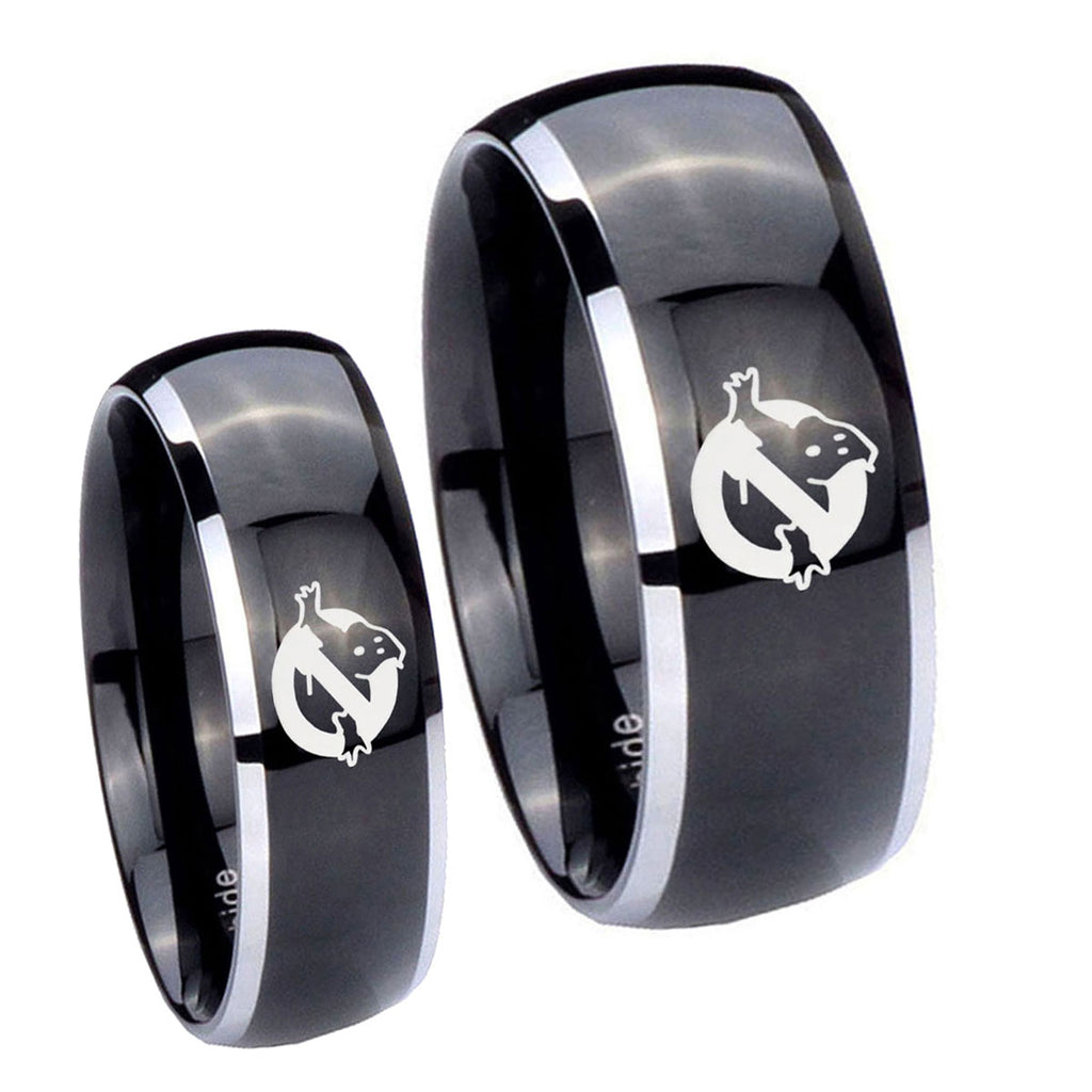 Ghostbusters Dome Glossy Black 2 Tone Tungsten Wedding Band Set