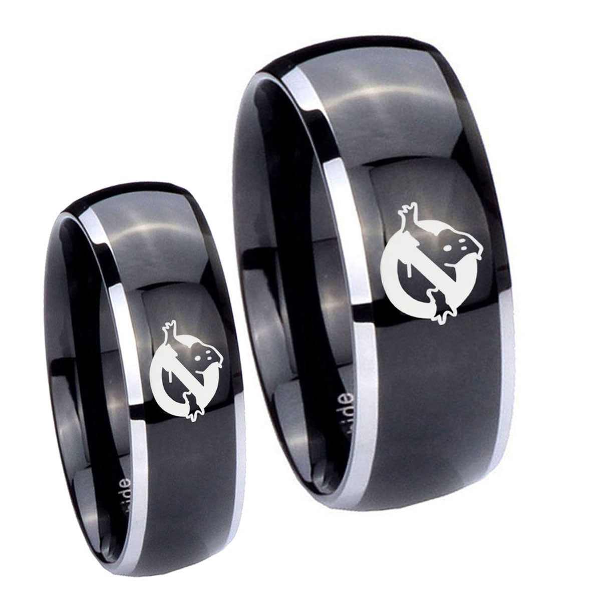 Ghostbusters Dome Glossy Black 2 Tone Tungsten Wedding Band Set