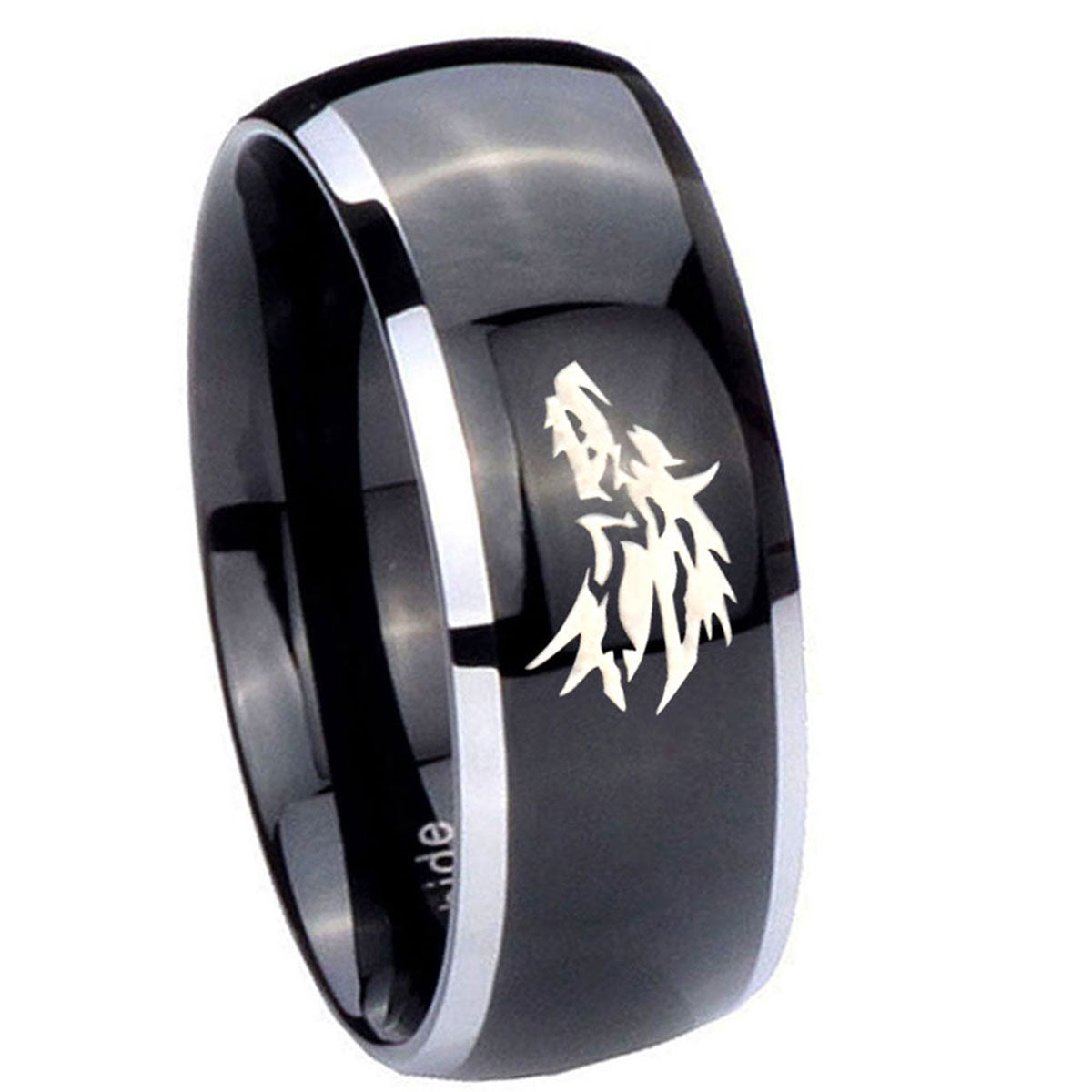 8mm Wolf Dome Glossy Black 2 Tone Tungsten Engagement Band
