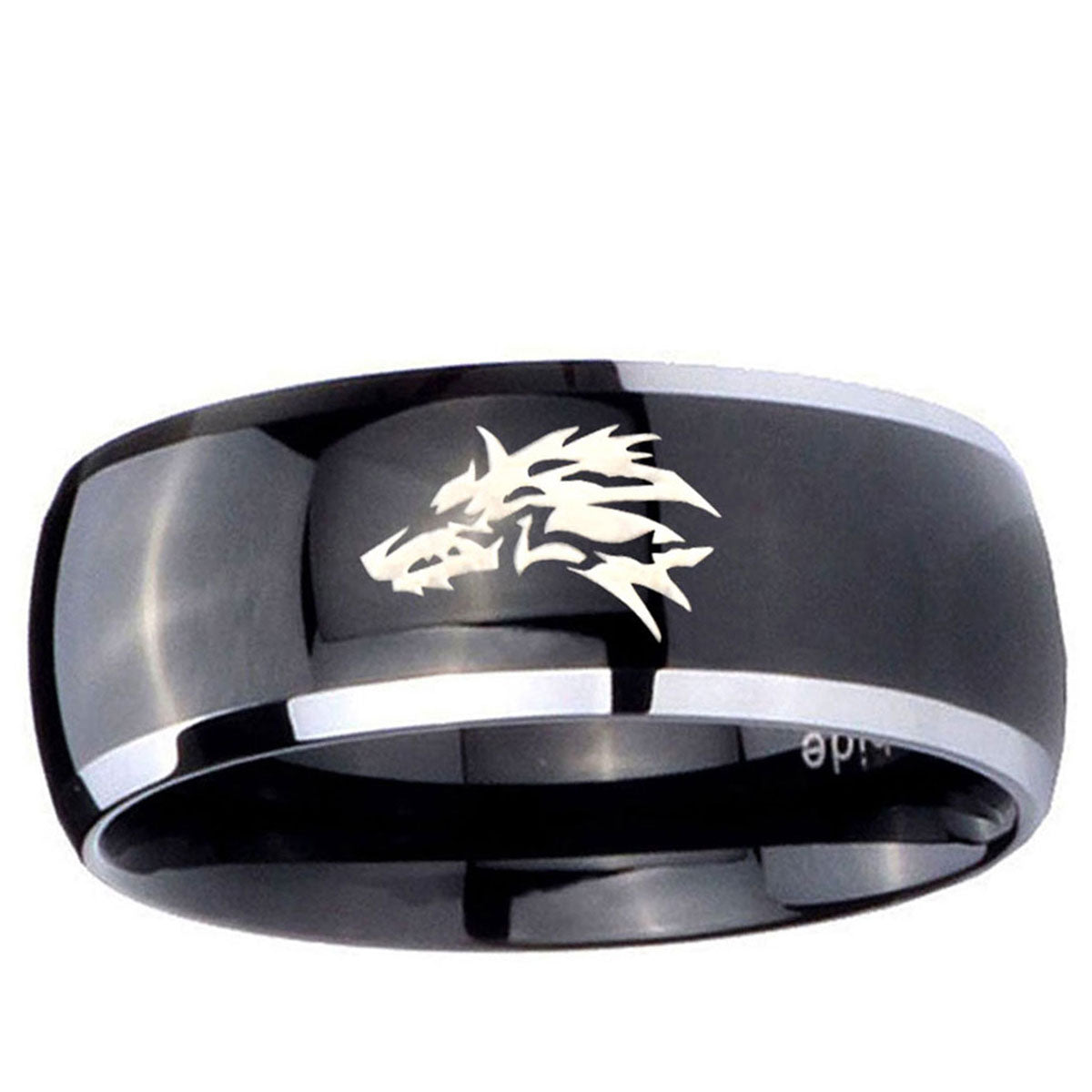 10mm Wolf Dome Glossy Black 2 Tone Tungsten Ring