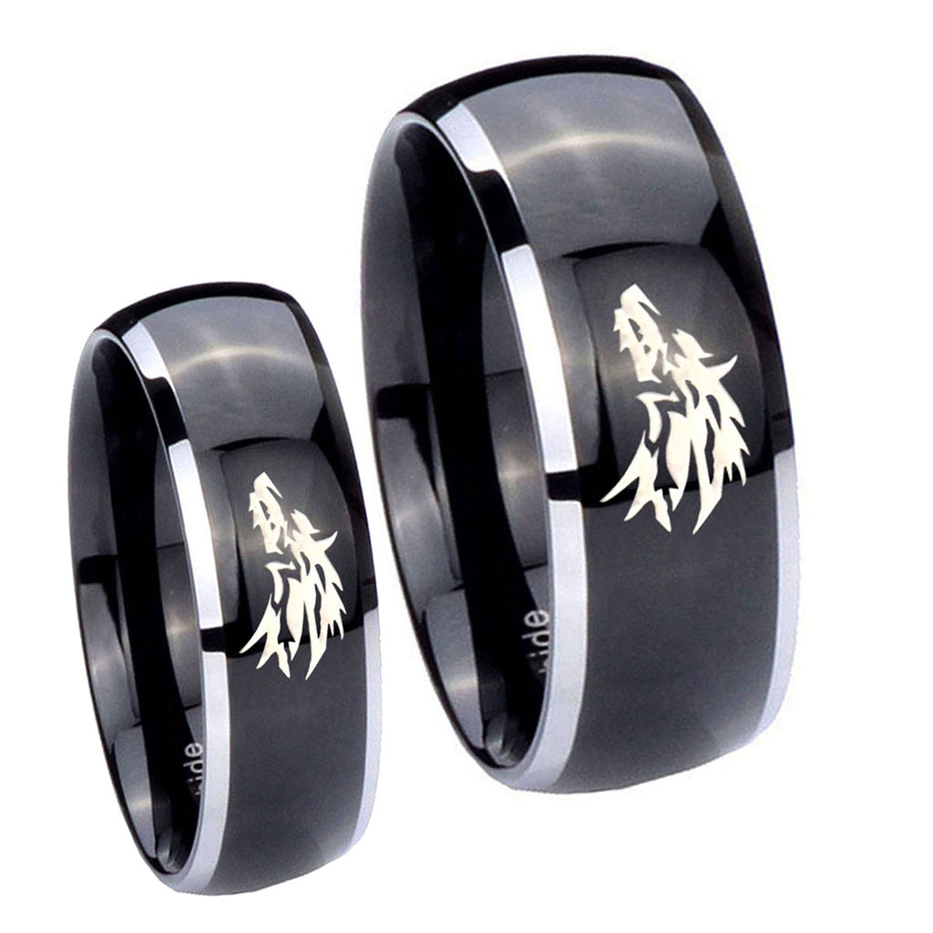 Wolf Dome Glossy Black 2 Tone Tungsten Bridal Band Set