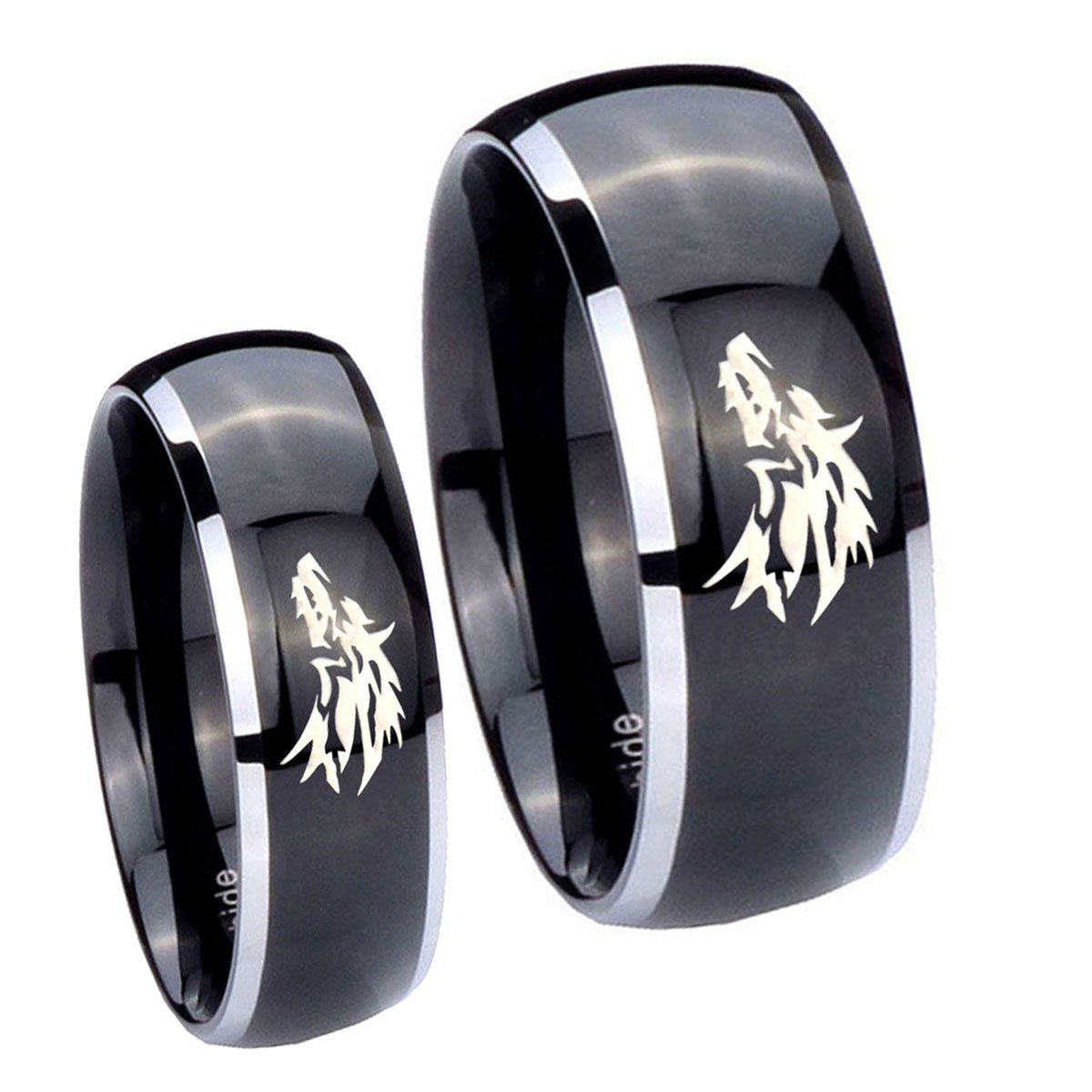 Wolf Dome Glossy Black 2 Tone Tungsten Bridal Band Set