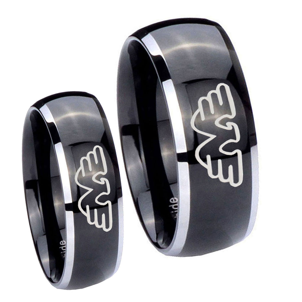Waylon Jennings Dome Glossy Black 2 Tone Tungsten Wedding Ring Set
