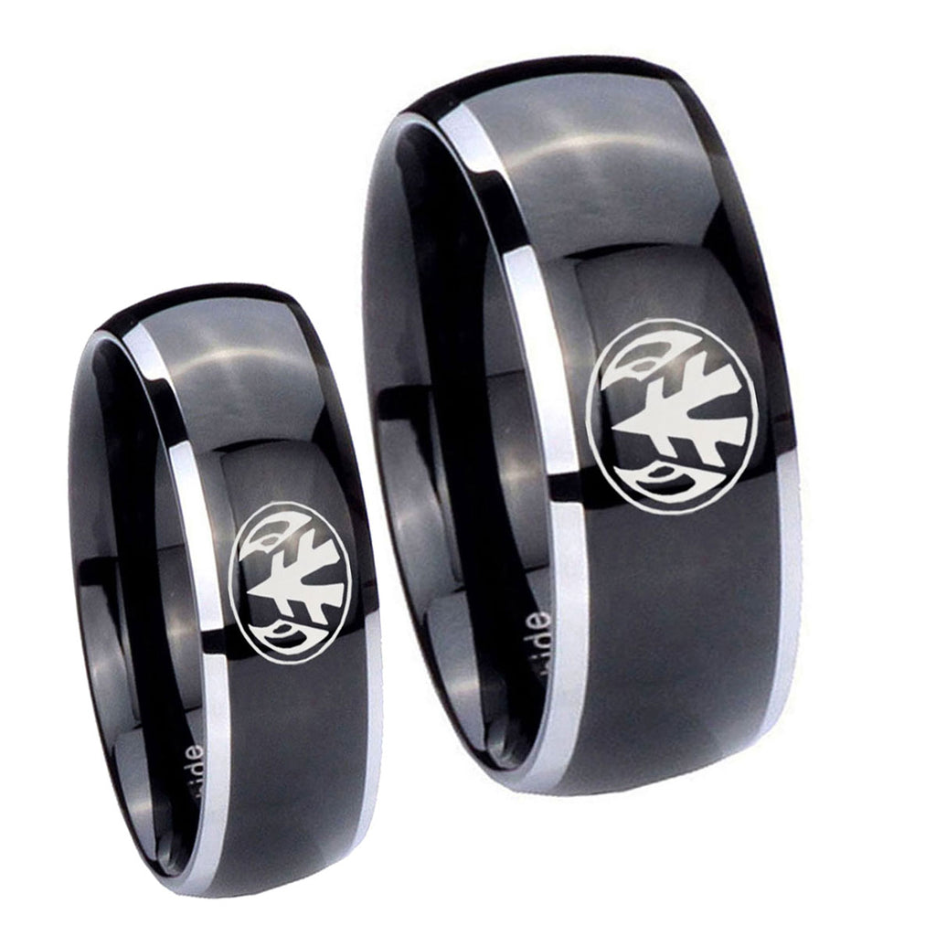 Love Power Rangers Dome Glossy Black 2 Tone Tungsten Promise Ring Set