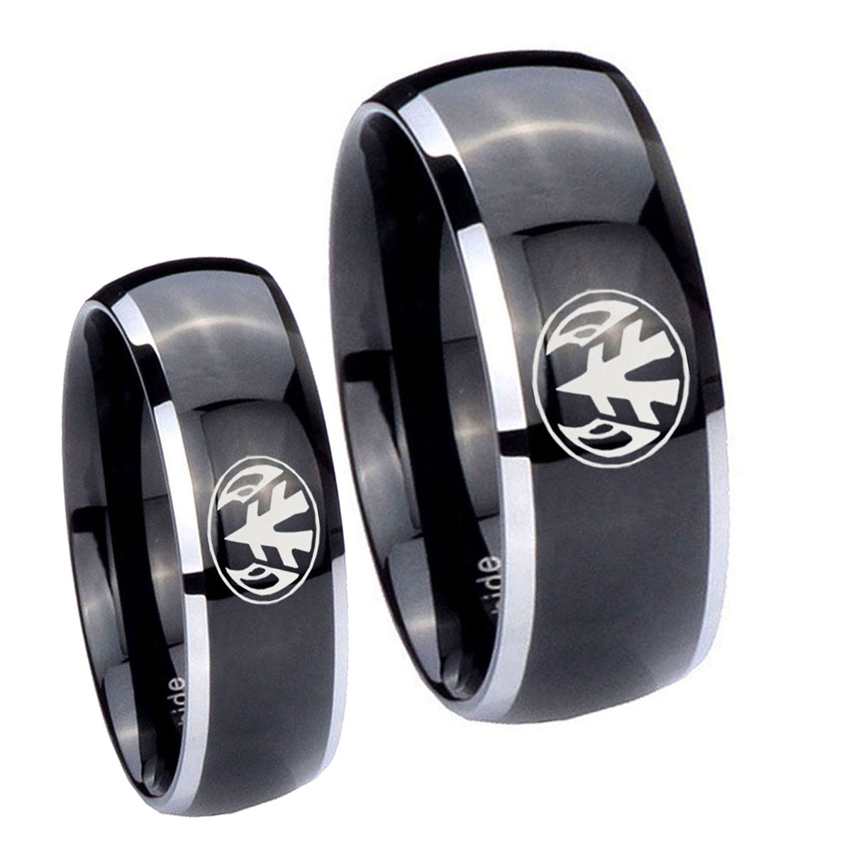 Love Power Rangers Dome Glossy Black 2 Tone Tungsten Promise Ring Set