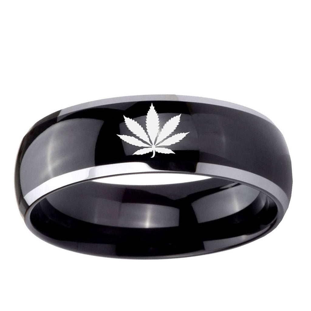 10mm Marijuana Leaf Dome Glossy Black 2 Tone Tungsten Ring
