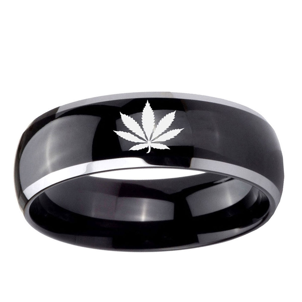 10mm Marijuana Leaf Dome Glossy Black 2 Tone Tungsten Ring
