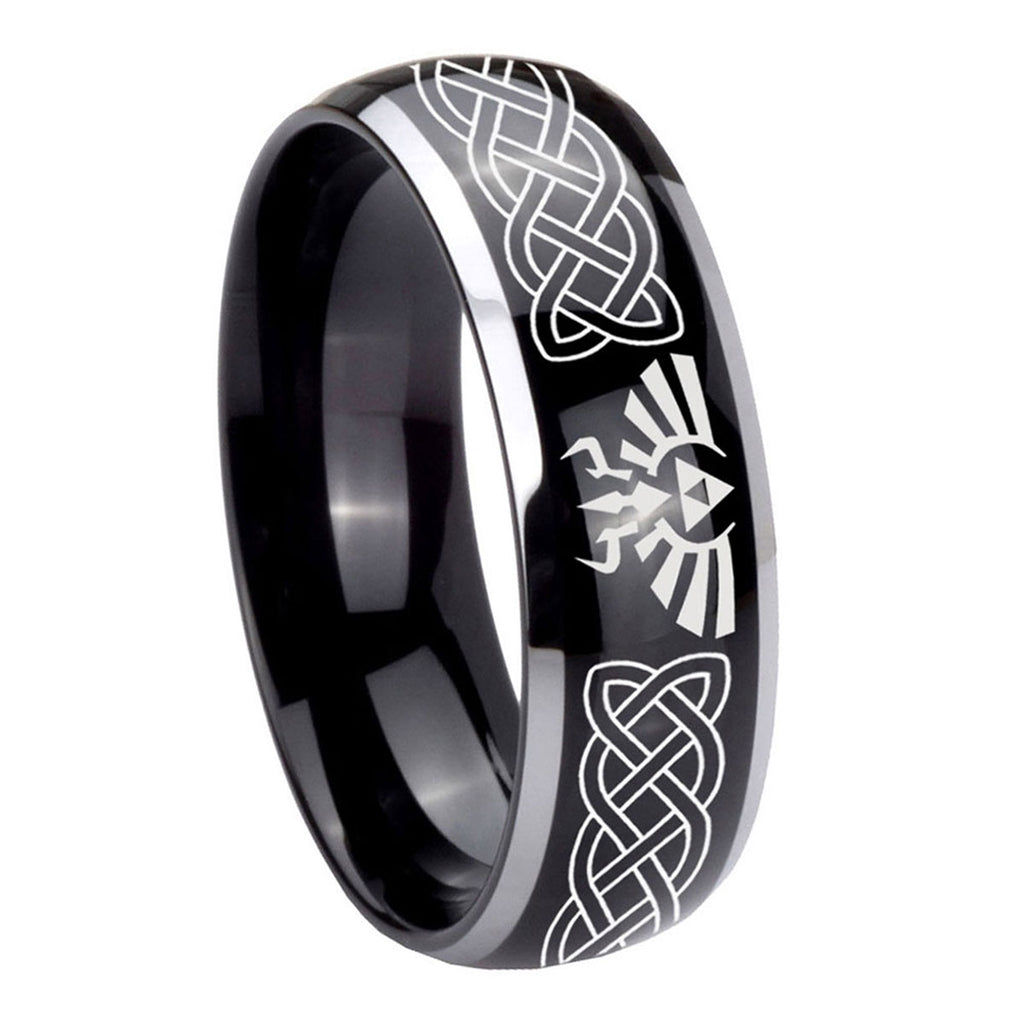 8mm Celtic Zelda Dome Glossy Black 2 Tone Tungsten Ring