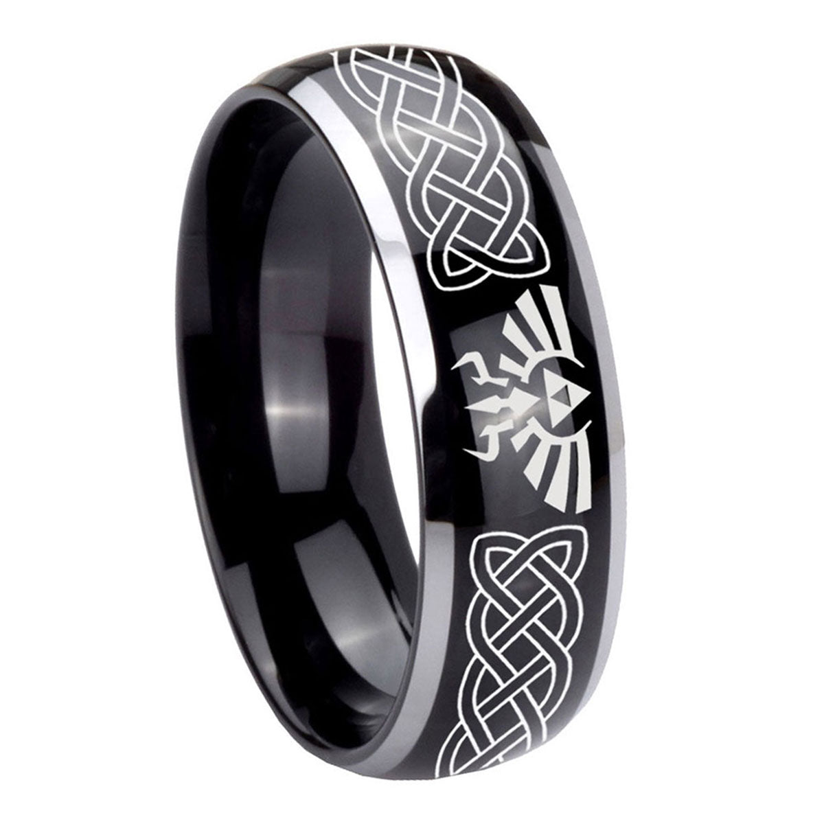 8mm Celtic Zelda Dome Glossy Black 2 Tone Tungsten Ring
