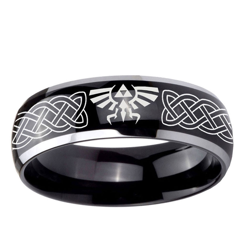 10mm Celtic Zelda Dome Glossy Black 2 Tone Tungsten Ring