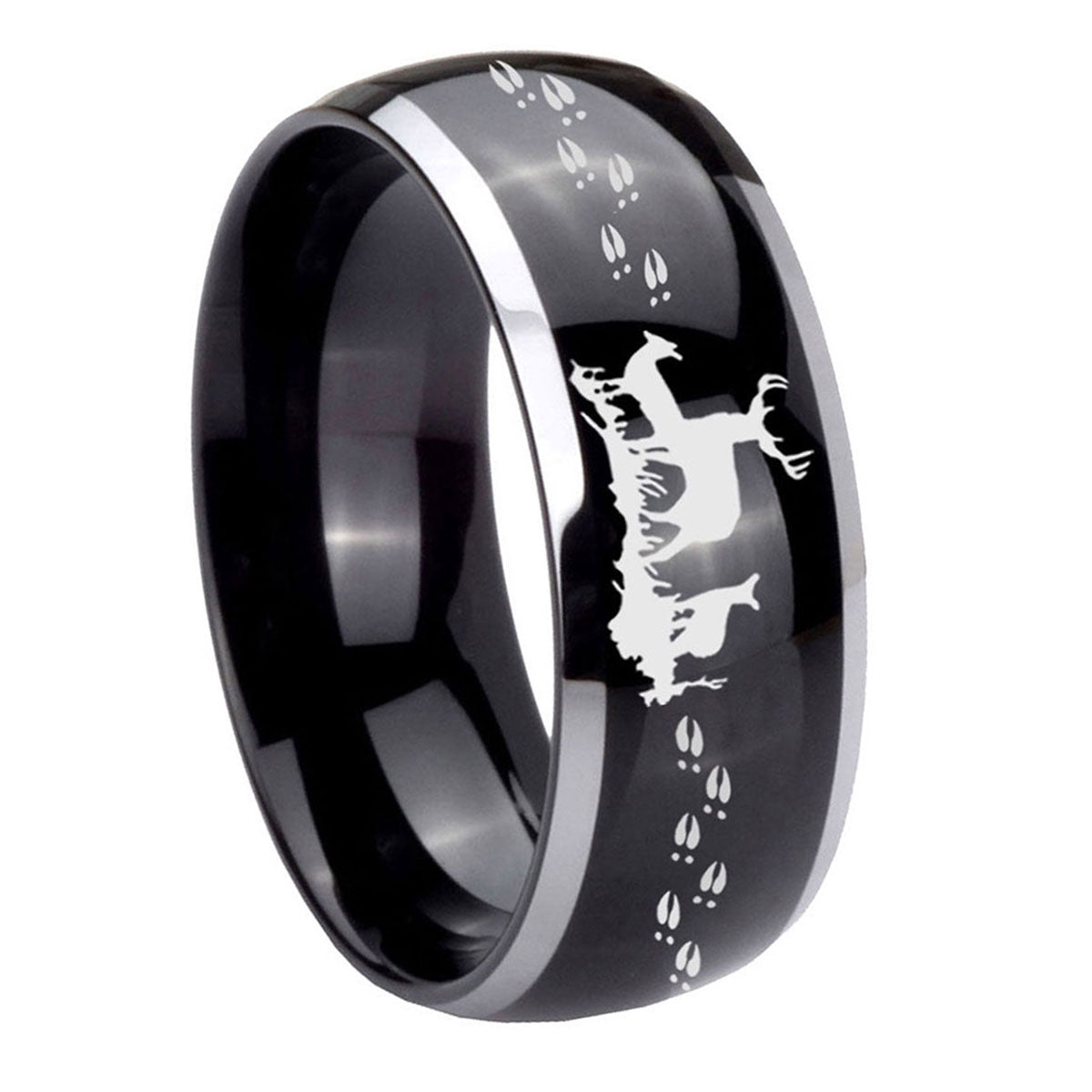 10mm Deer Hunting Dome Glossy Black 2 Tone Tungsten Carbide Engraved Ring