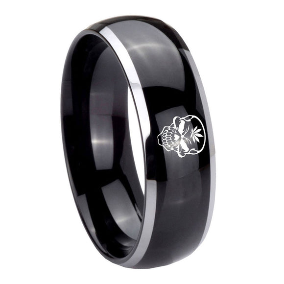 8mm-Skull-Marijuana-Leaf--Dome-Glossy-Black-2-Tone-Tungsten-Men's-Band-Ring