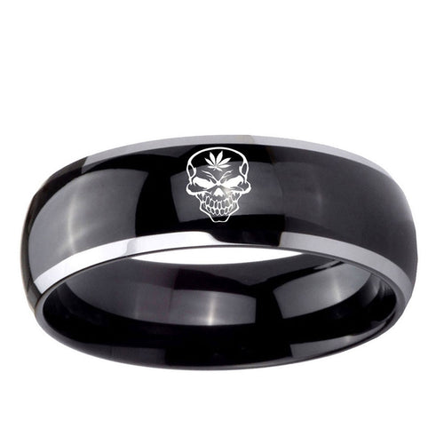 10mm Skull Marijuana Leaf Dome Glossy Black 2 Tone Tungsten Mens Wedding Ring