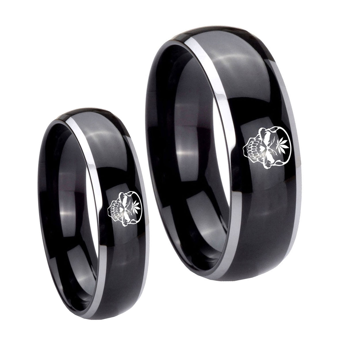 Skull Marijuana Leaf Dome Glossy Black 2 Tone Tungsten Wedding Ring Sets