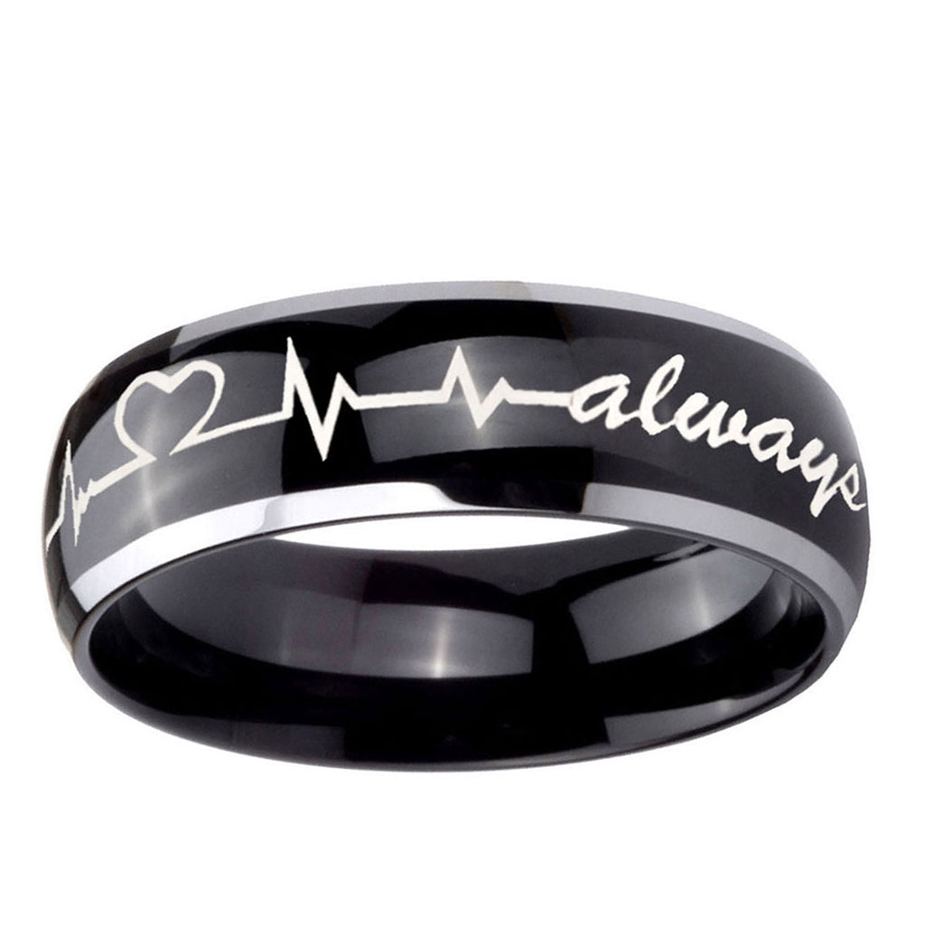 10mm Heart Beat forever Heart always Dome Glossy Black 2 Tone Tungsten Men's Ring