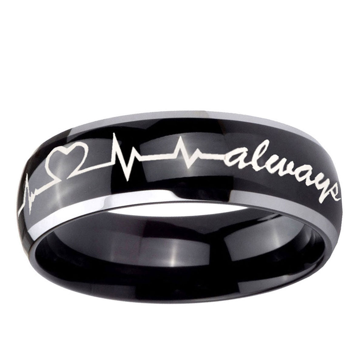 10mm Heart Beat forever Heart always Dome Glossy Black 2 Tone Tungsten Men's Ring